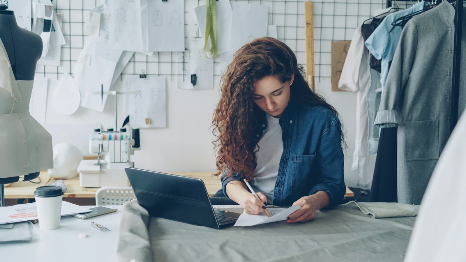 Designer skriver noter på papir ved siden af sin bærbare computer